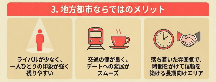 地方都市ならではのメリット（競争率が低い、出会いやすさ）