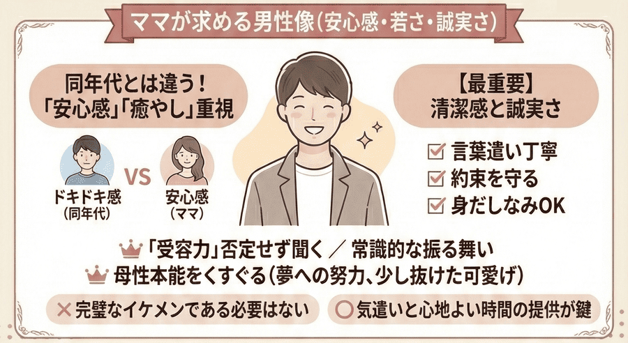 ママが求める男性像(安心感・若さ・誠実さ)